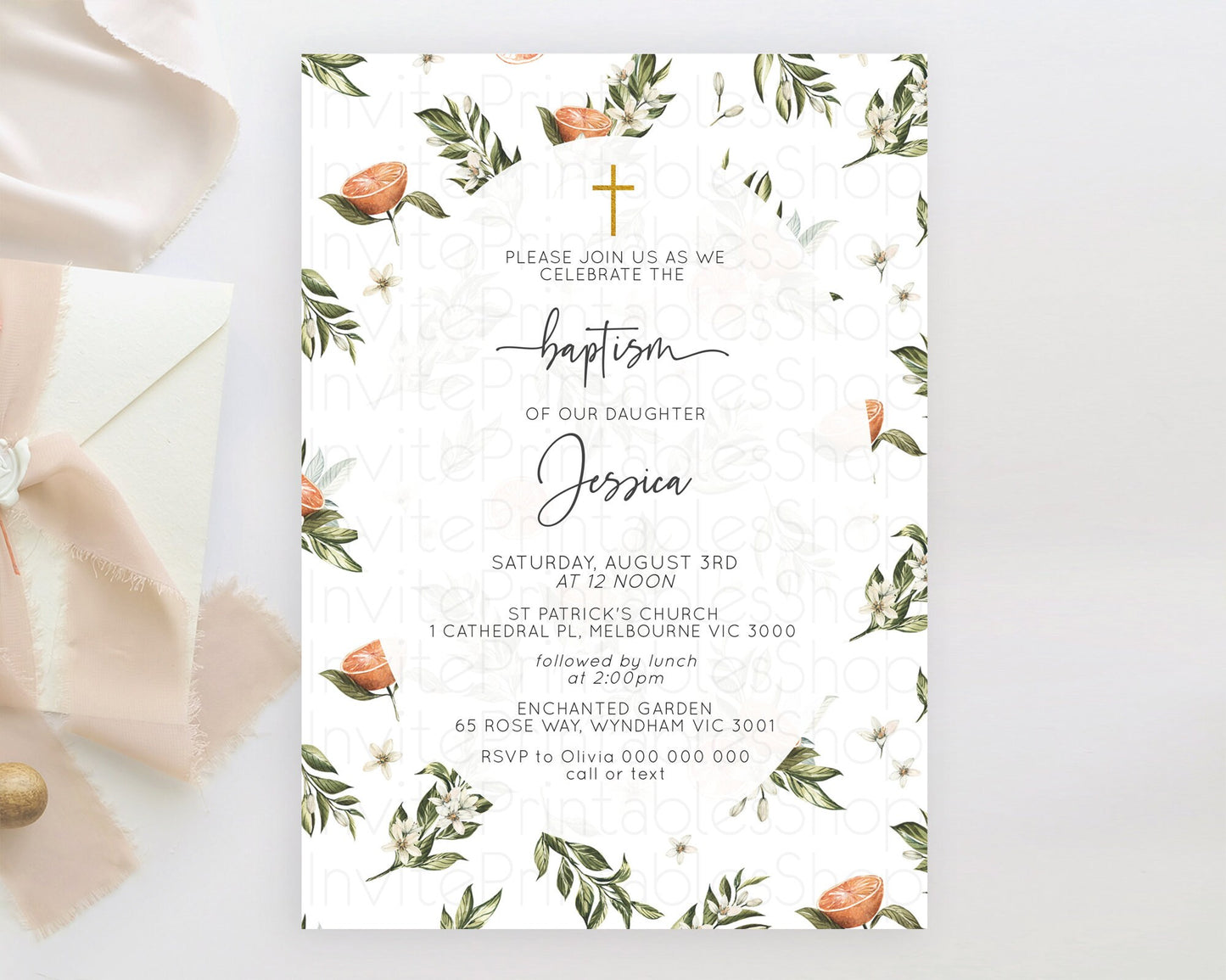 Citrus Baptism Invitation Lemon Orange Baptism 1st Birthday Invitation Citrus Garden Christening Invitation Citrus Floral Religious  D10545