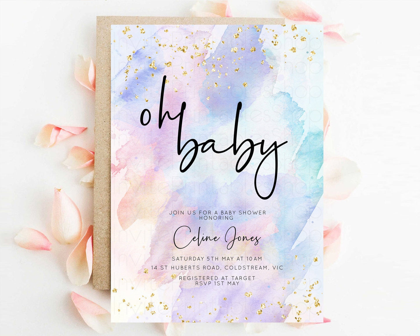 Rainbow Baby Shower Invitation Watercolor Pastel Invitation Colorful Splash Baby Invite Gold Glitter Sprinkles Ombre Gender Reveal t576