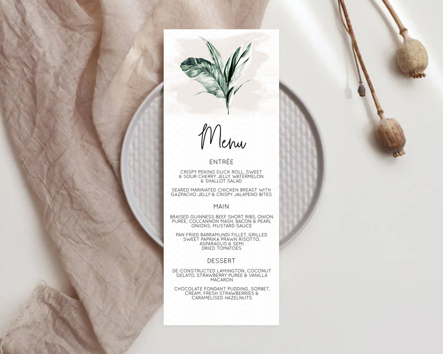 Tropical Menu Template Tropical Menu Palm Leaf Fern Table Decor Frangipani Floral White Orchid Dinner Dessert Menu Party Food Menu D11051