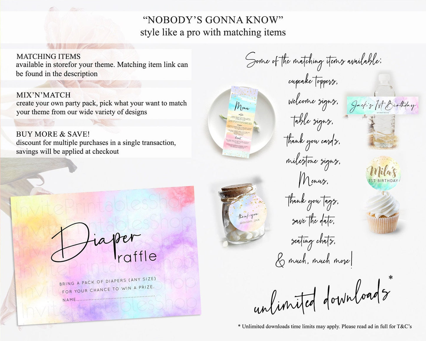 Pastel Diaper Raffle Card Pastel Rainbow Diaper Raffle Insert Colorful Ombre Watercolor Diaper Ticket Confetti Glitter Raffle Game D10438