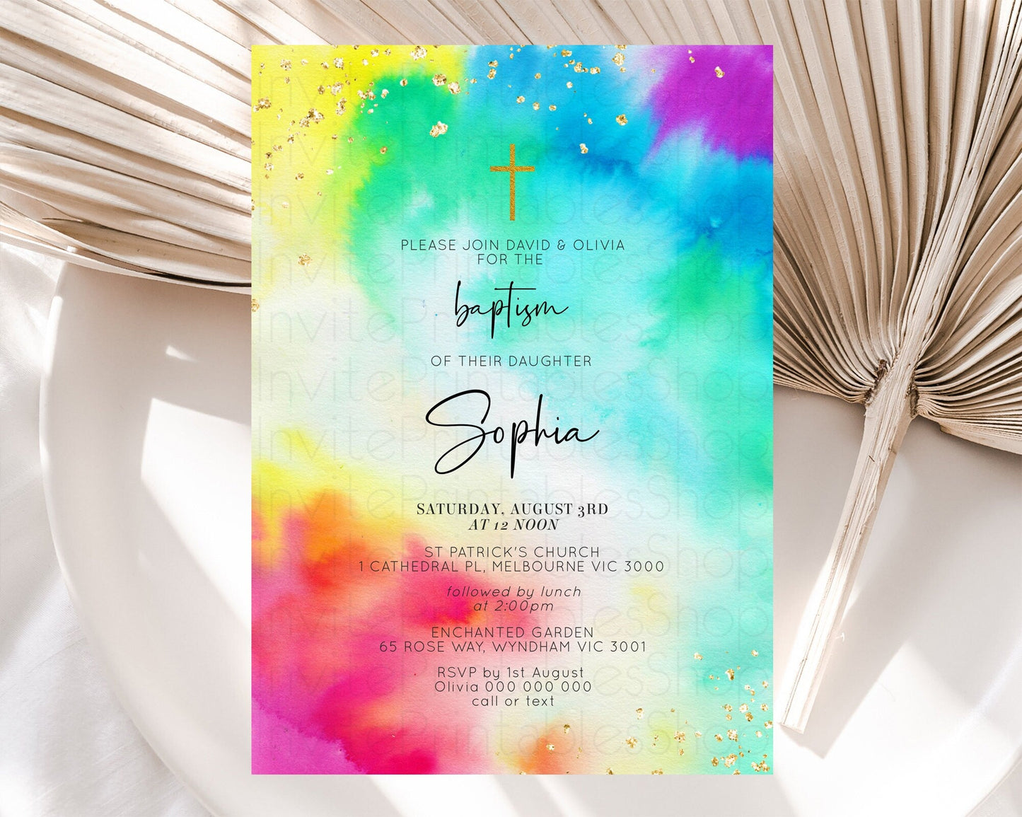 Tie Dye Baptism Invitation Rainbow Baptism 1st Birthday Invitation Pastel Ombre Colorful Christening Invitation Holy Communion D10462