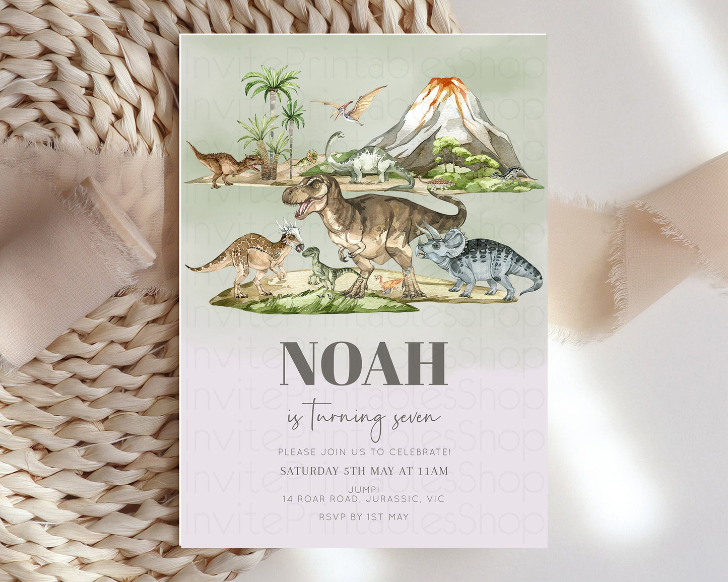 Dinosaur Birthday Invitation Dino Birthday Invitation Watercolor Dinosaur Earthy Volcano T-Rex Jurassic 1st 2nd 3rd 1st 2nd 3rd Birthday