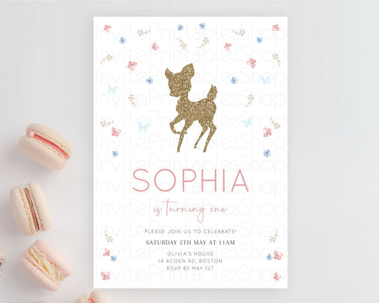 Fawn Birthday Invitation Deer Birthday Invitation Enchanted Forest Party Butterfly Pastel Flowers Whimsical 2nd 1st First Birthday D10359