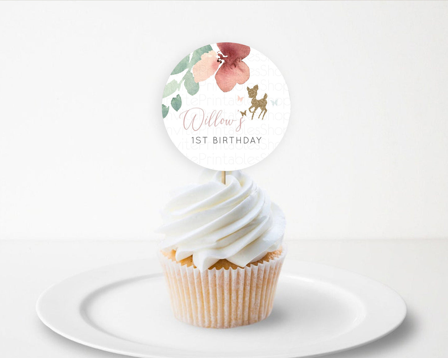 Fawn Cupcake Toppers Deer Cupcake Toppers Enchanted Forest Party Butterfly Pastel Flowers Woofland Cupcake Toppers First Birthday D10459