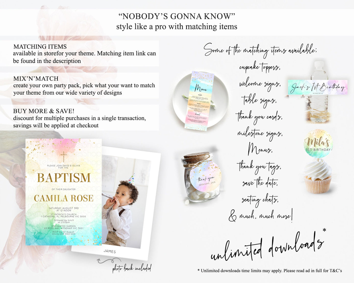 Pastel Baptism Invitation Pastel Colors Watercolor Baptism 1st Birthday Party Gold Ombre Pastel Rainbow Christening Holy Communion D10770