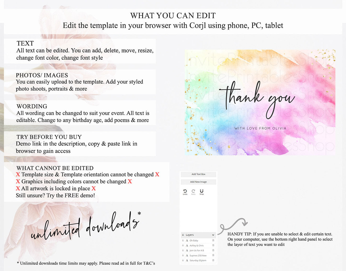 Pastel Thank You Rainbow Thank You Card Colorful Pastel Birthday Thank You Card Confetti Watercolor Pastel Teacher Thank You Cards D10449