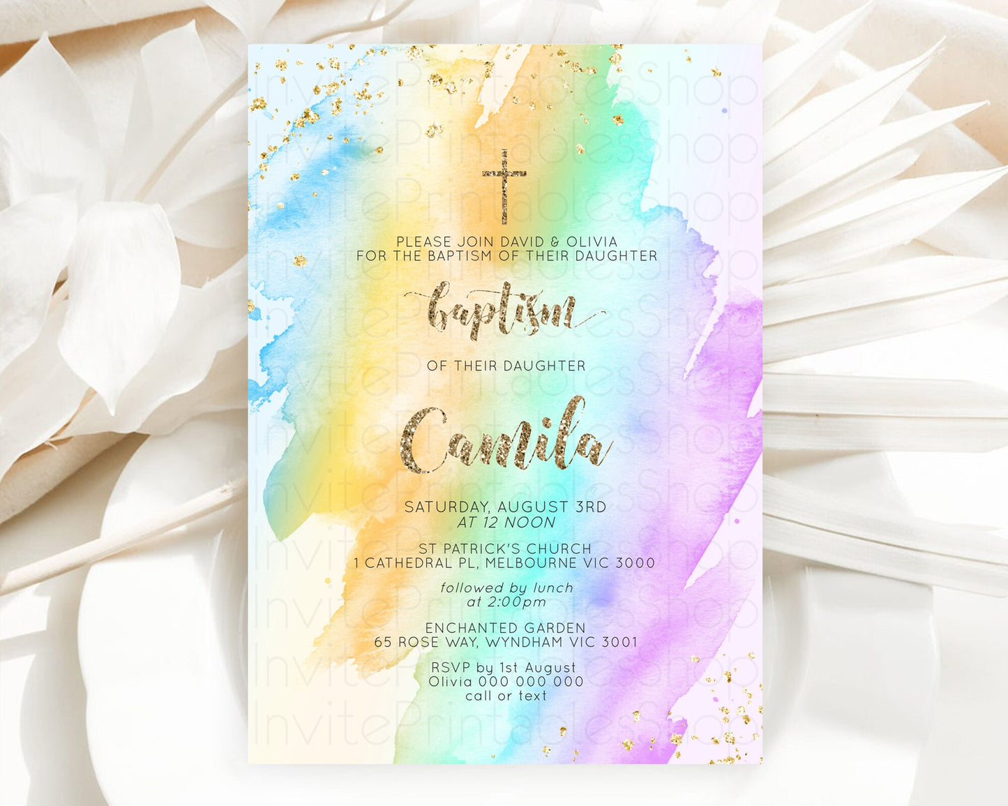 Pastel Baptism Invitation Pastel Colors Watercolor Baptism 1st Birthday Party Gold Ombre Pastel Rainbow Christening Holy Communion D10426