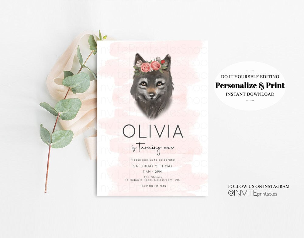 Wolf Invitation Wolf Birthday Invite Grey Baby Wolf Tribal Boho Pink Pastel Flower Crown Greenery Garden Forest Custom Invite