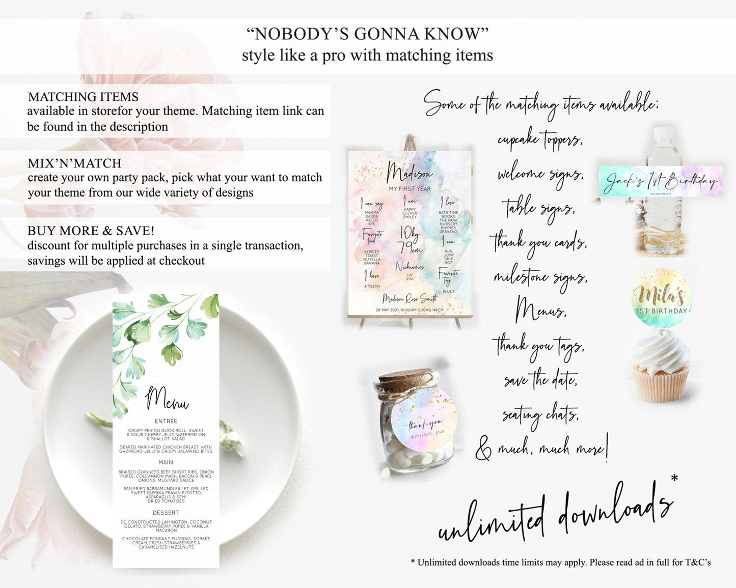 Leafy Menu Green Leaf Menu Template Eucalyptus Fern Leaves Decor Watercolor Boho Garden Leaf Branch Dinner Dessert Party Food Menu D11057