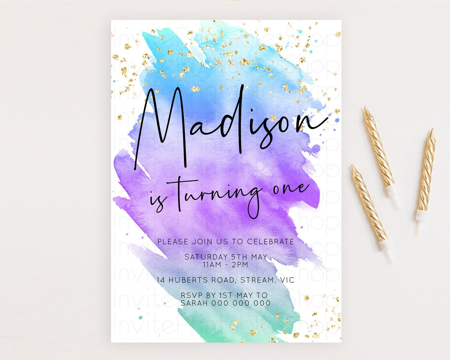 Rainbow Birthday Invitation Colorful Pastel Watercolor Invitation Gold Glitter Sprinkles Ombre Pastel 1st 2nd 3rd Birthday D10491