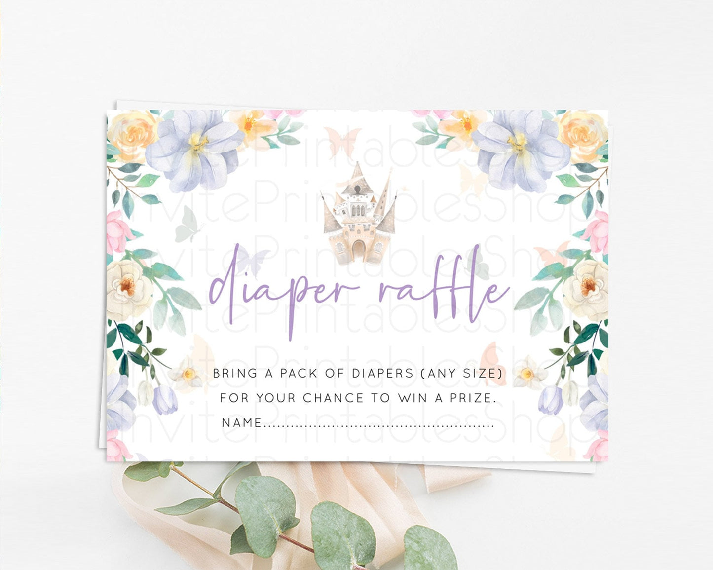 Princess Diaper Raffle Card Castle Diaper Ticket Insert Secret Garden Enchanted Castle Pastel Floral Garden Baby Shower Poem Request D10473