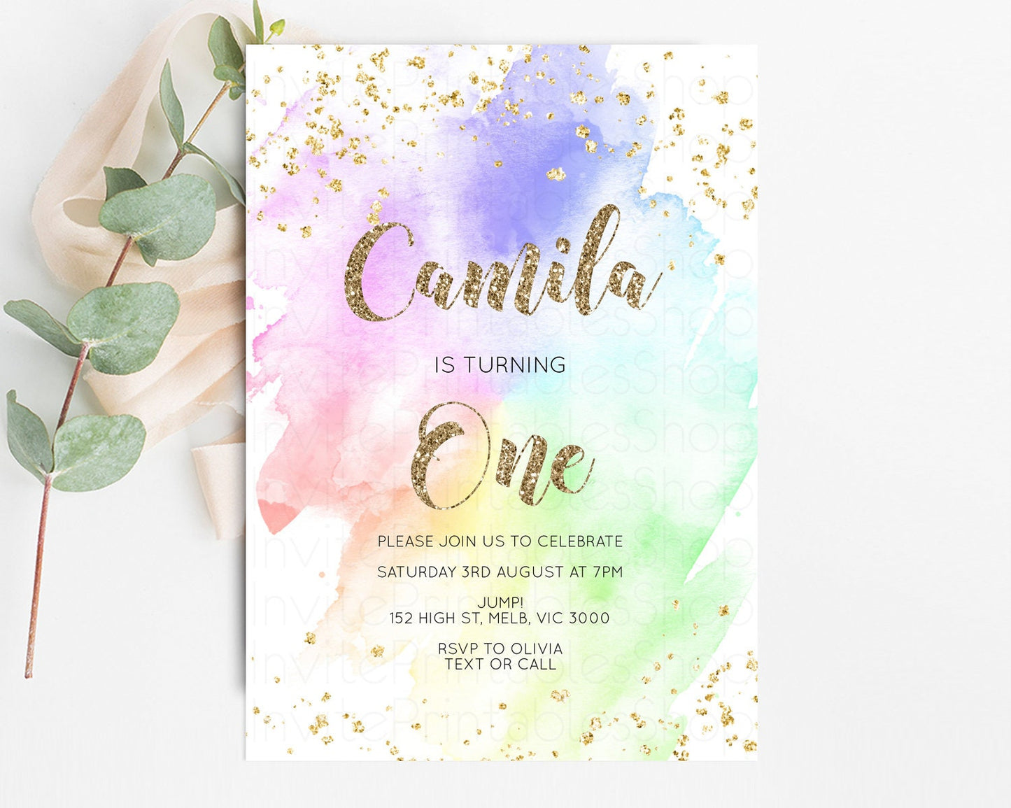 Rainbow Birthday Invitation Pastel Birthday Invitation Ombre Rainbow Invite Colorful Watercolor Invite Glitter Sprinkle Invitation G378