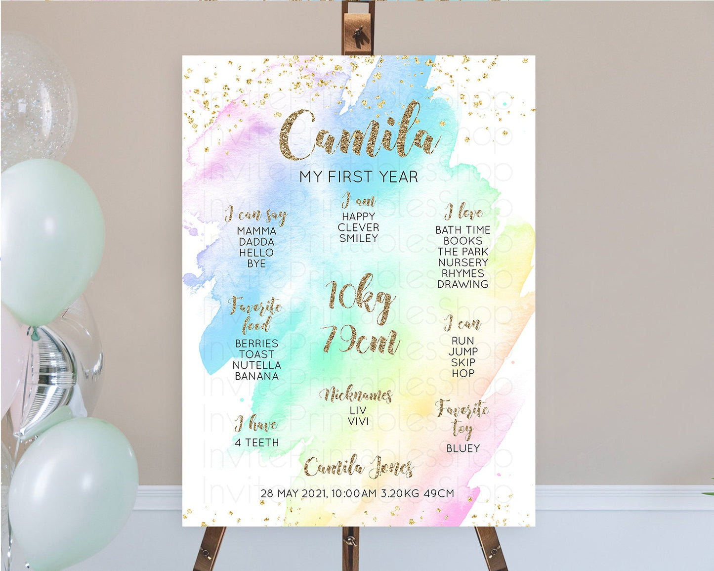 Pastel First Birthday Milestone Board Pastel Rainbow Milestone Poster Colorful Confetti Watercolor Glitter 1st Birthday Welcome Sign D10637