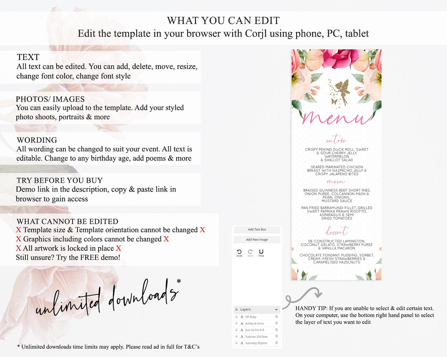 Fairy Menu Fairy Menu Template Enchanted Garden Pastel Floral Butterfly Table Decor Fairy Secret Garden Dinner Dessert Food Menu D10883