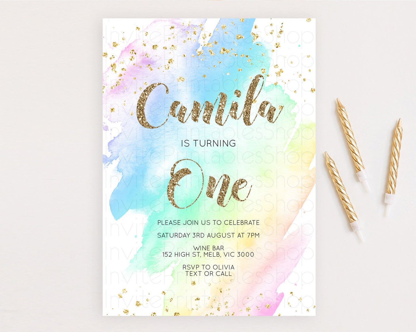 Rainbow Birthday Invitation Colorful Pastel Watercolor Invitation Gold Glitter Sprinkles Ombre Pastel 1st 2nd 3rd Birthday D10637