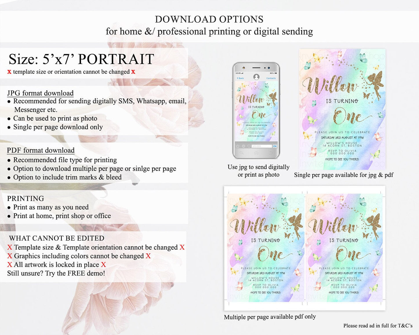 Pastel Fairy Birthday Invitation Pastel Butterflies Fairy Birthday Invitation Rainbow Ombre Watercolor 1st 2nd Birthday Invitation D23331