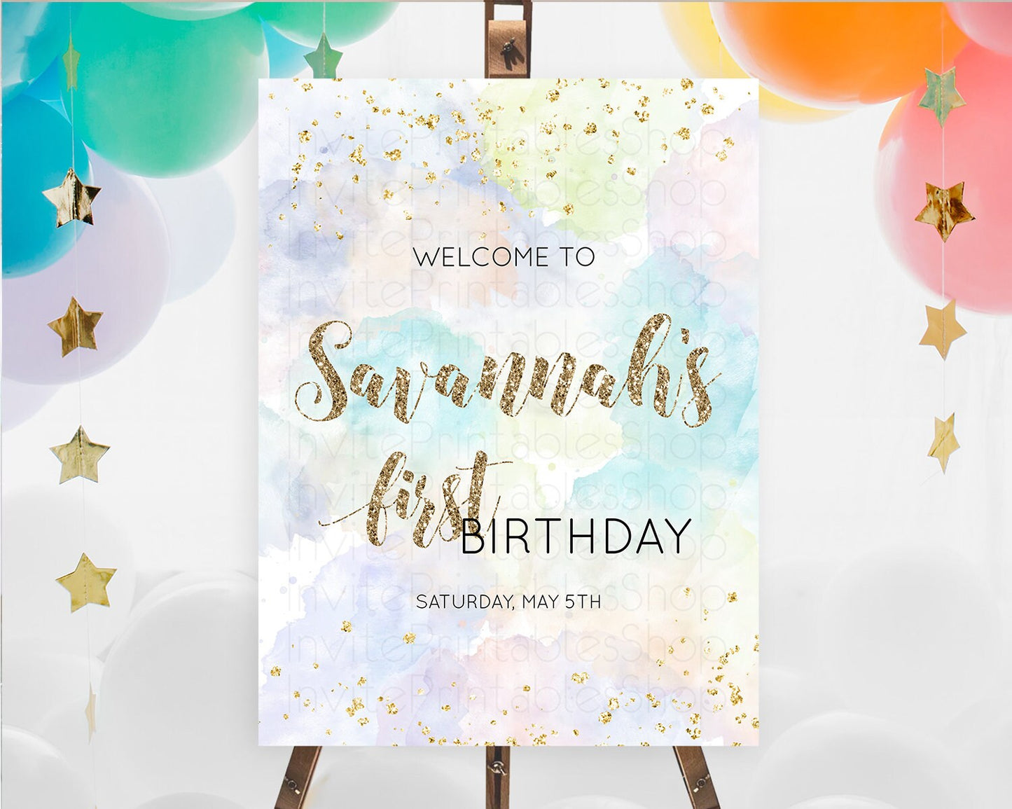 Pastel Welcome Sign Pastel Rainbow Welcome Sign Colorful Rainbow Confetti Watercolor Glitter Pastel First Birthday Welcome Sign D10614