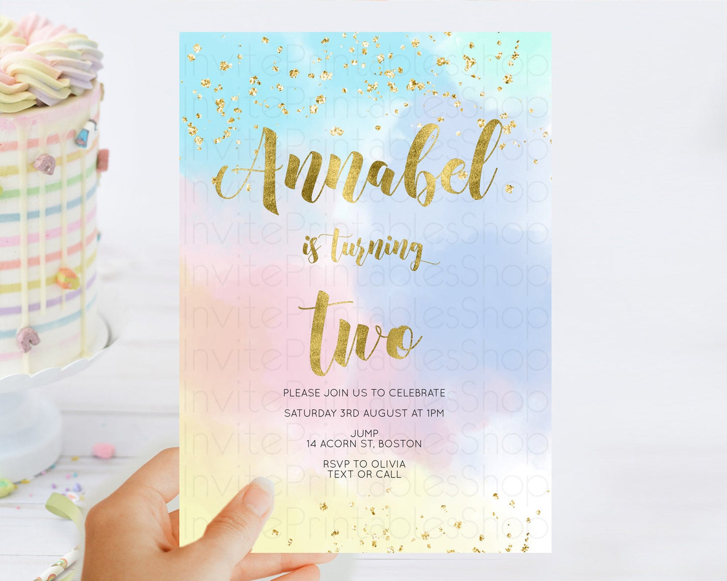 Editable Rainbow Birthday Invitation Colorful Pastel Watercolor Invitation G