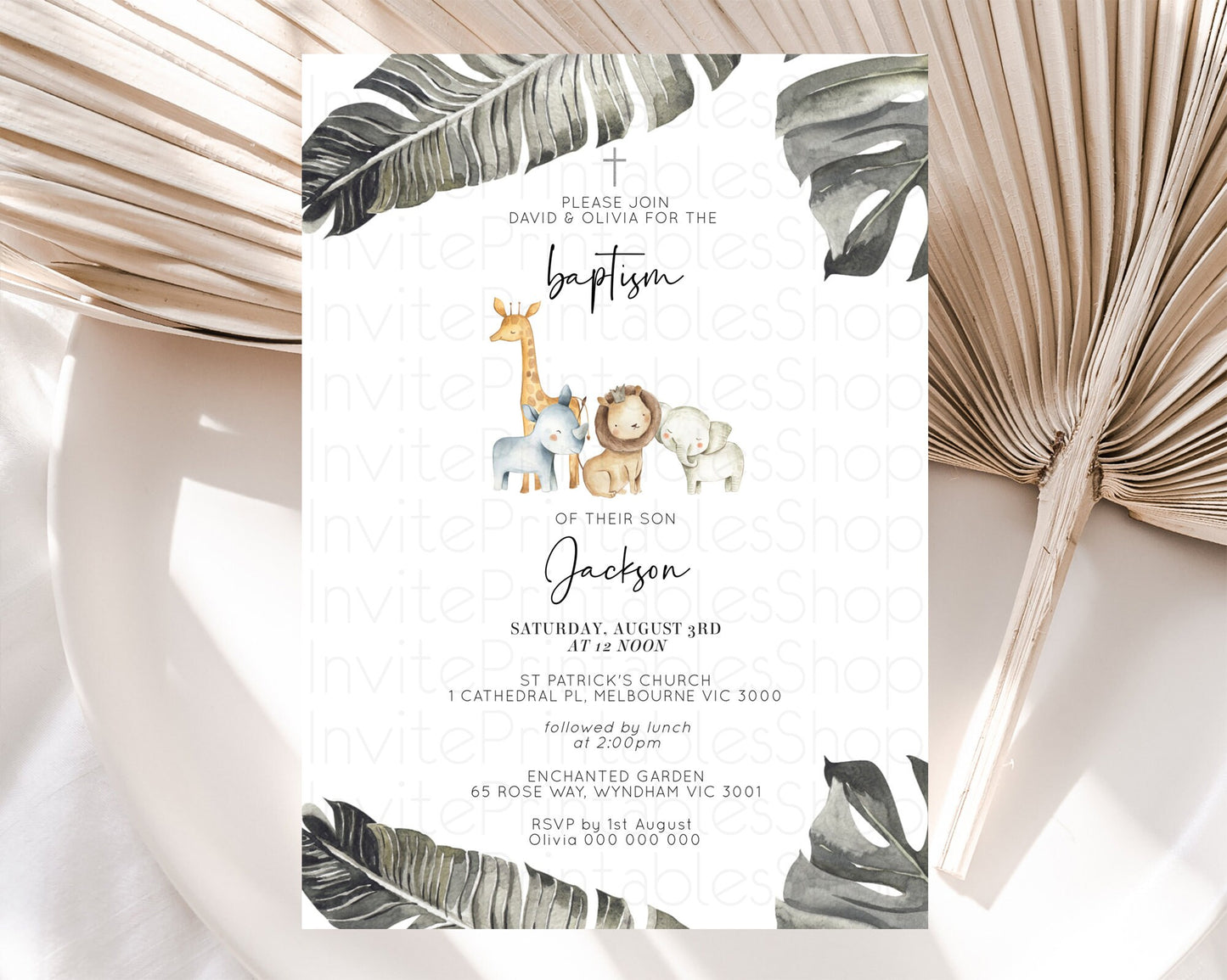 Safari Baptism Invitation Safari Adventure Baptism Birthday Invitation Lion Gorilla Elephant Rhino Tropical Palm Jungle Adventure D10599