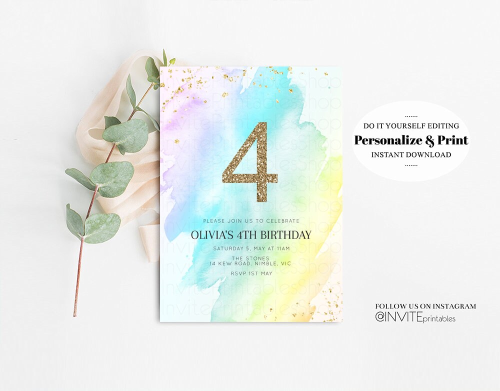 Pastel Rainbow Birthday Invitation Colorful Watercolor Splash Ombre Ink Paint Gold Confetti Glitter Age  Purple Pink Blue 146v3