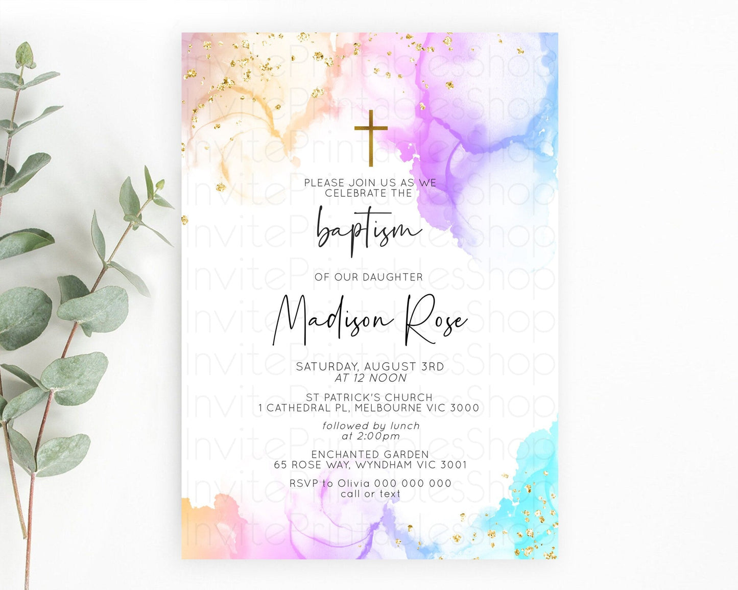 Pastel Baptism Invitation Pastel Colors Watercolor Baptism 1st Birthday Party Gold Ombre Pastel Rainbow Christening Holy Communion D10180