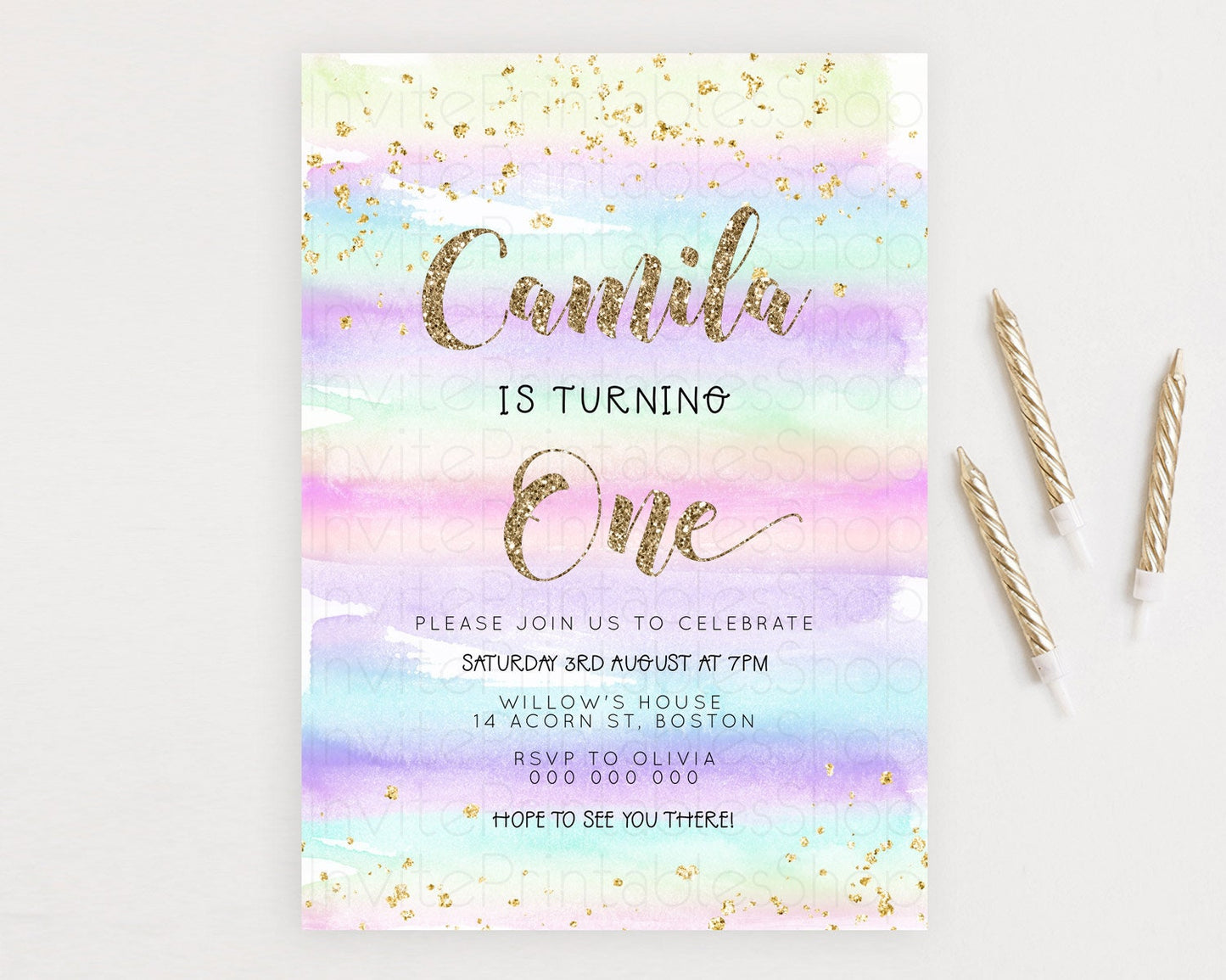Rainbow Birthday Invitation Colorful Pastel Watercolor Invitation Gold Glitter Sprinkles Ombre Pastel 1st 2nd 3rd Birthday D23263