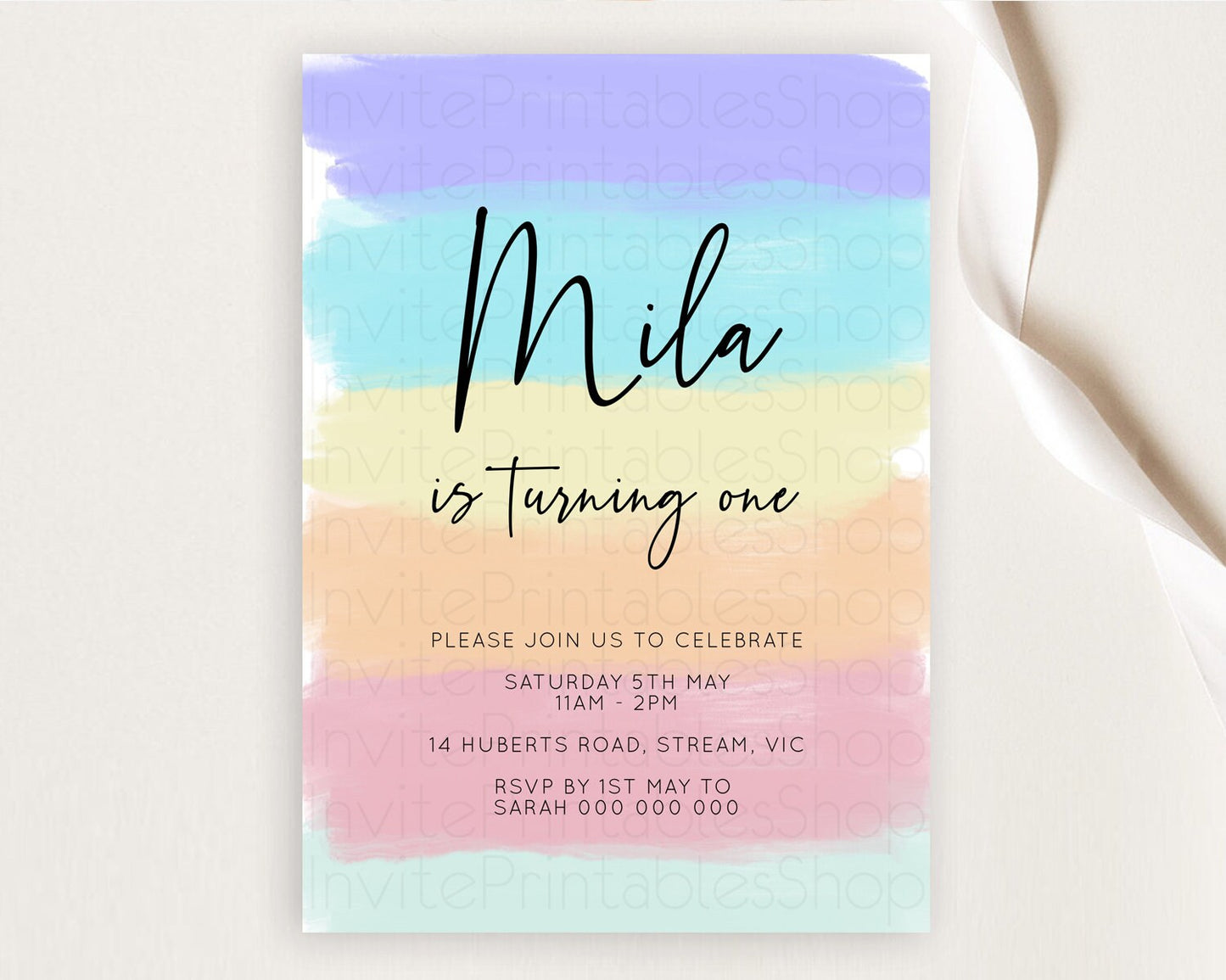 Rainbow Birthday Invitation Colorful Pastel Watercolor Invitation Gold Glitter Sprinkles Ombre Pastel 1st 2nd 3rd Birthday D10510