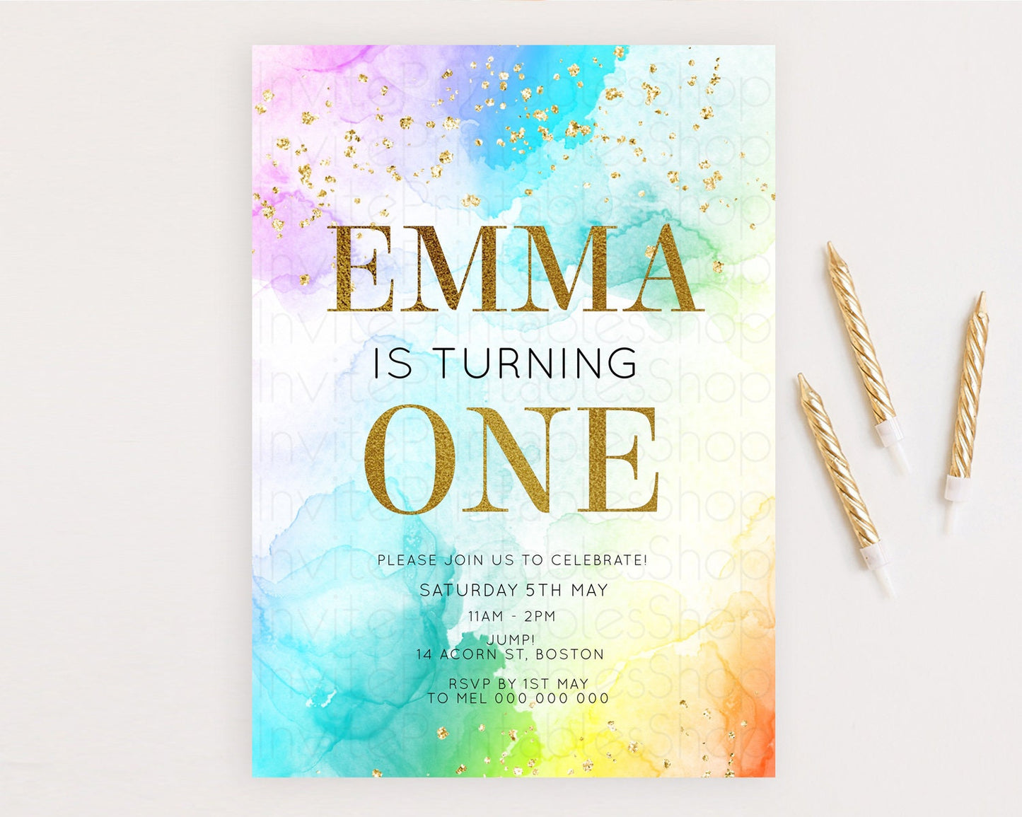 Rainbow Birthday Invitation Colorful Pastel Watercolor Invitation Gold Glitter Sprinkles Ombre Pastel 1st 2nd 3rd Birthday D10961