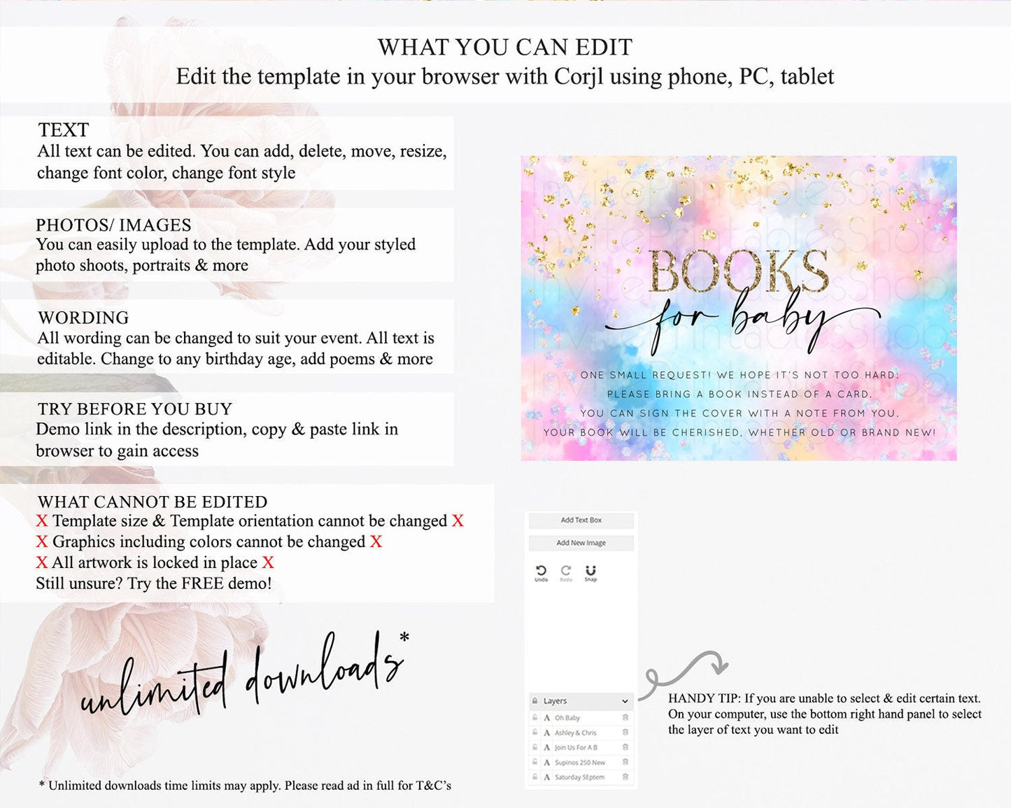 Pastel Books For Baby Card Pastel Rainbow Book Insert Colorful Ombre Watercolor Book Card Confetti Glitter Baby Book Poem Request D10607