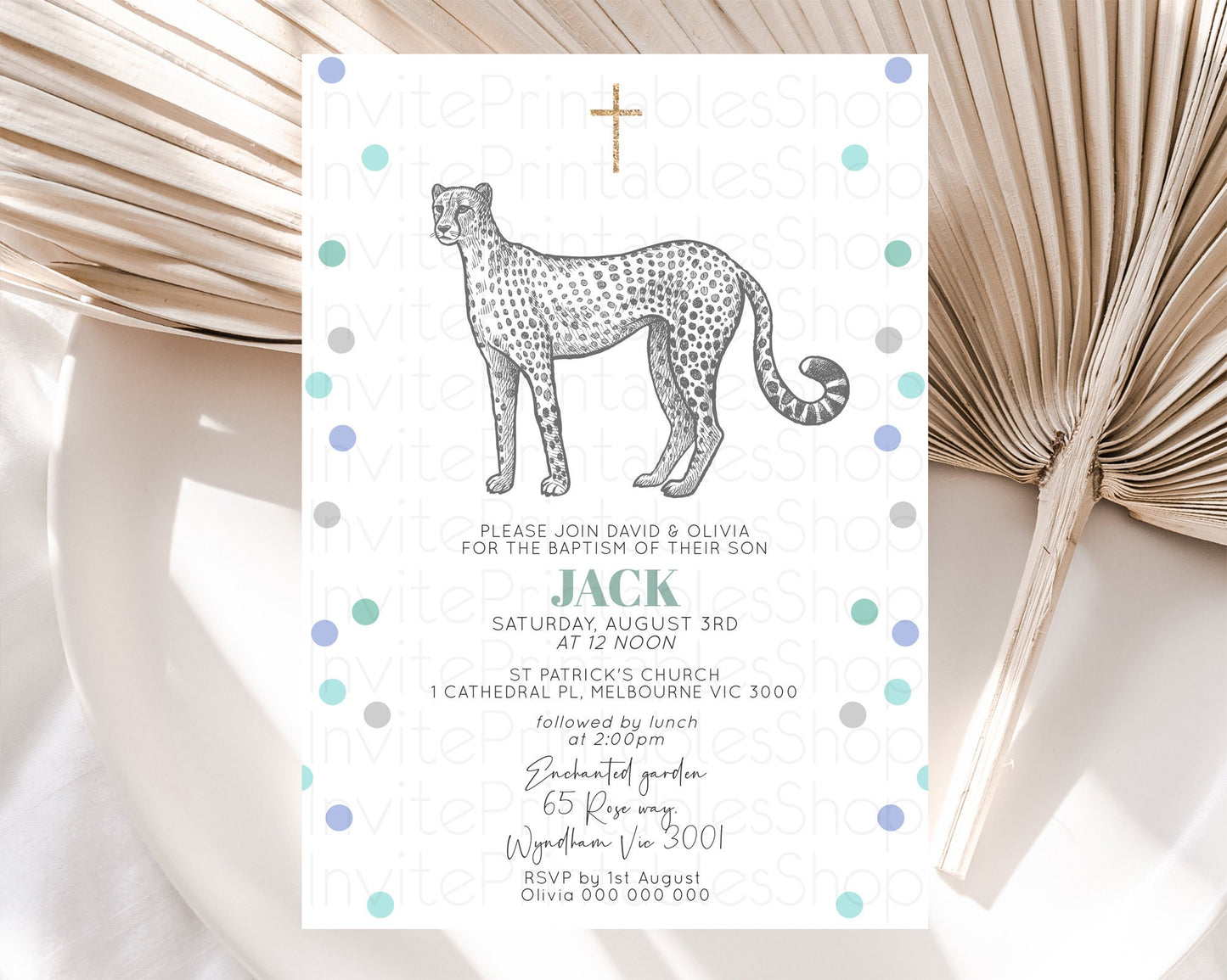 Cheetah Baptism Invitation Cheetah Baptism 1st Birthday Invitation Cheetah Safari Adventure Christening Party Palm Leaf Zoo Cheetah D10857