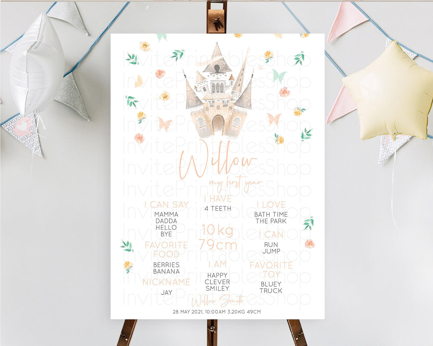 Princess First Birthday Milestone Poster Castle Milestone Board Secret Garden Enchanted Castle Pastel Floral Garden First Birthday D10363