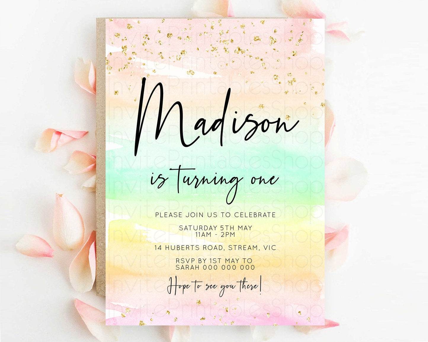 Rainbow Birthday Invitation Colorful Pastel Watercolor Invitation Gold Glitter Sprinkles Ombre Pastel 1st 2nd 3rd Birthday D10591
