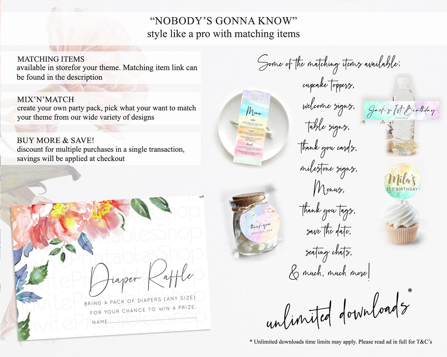 Secret Garden Diaper Raffle Card Boho Wildflower Diaper Raffle Insert Pastel Flower Garden Baby Shower Card Flower Raffle Game D10751