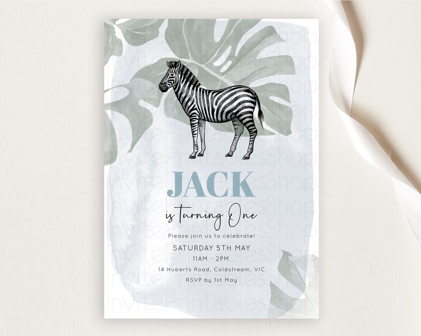 Zebra Birthday Invitation Zebra Invite Jungle Safari invite Watercolor Tropical Palm Invite Adventure Zoo Party Wild Animal Party D10814