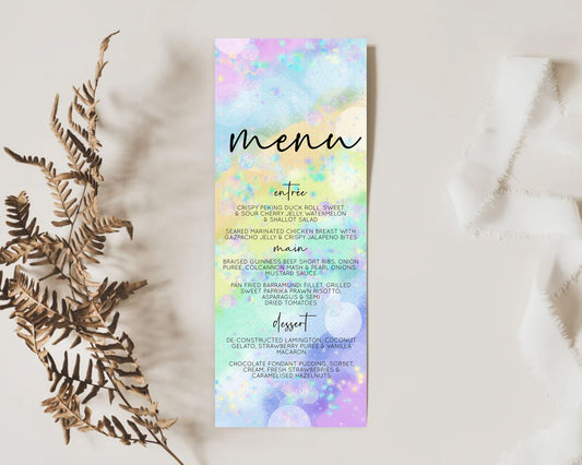 Editable Rainbow Menu Pastel Menu Colorful Pastel Table Decor Watercolor Iri