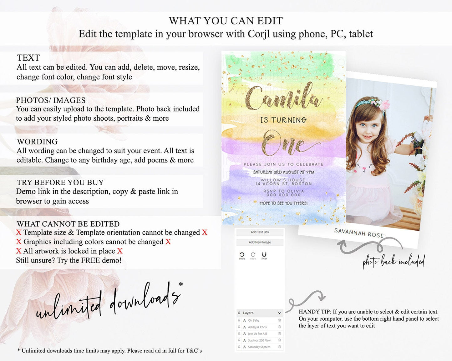 Rainbow Birthday Invitation Colorful Pastel Watercolor Invitation Gold Glitter Sprinkles Ombre Pastel 1st 2nd 3rd Birthday D23275