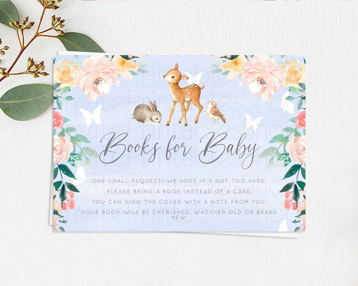 Fawn Books For Baby Card Deer Book Insert Floral Deer Book Card Enchanted Forest Butterfly Pastel Baby Shower Book Poem Request D10920