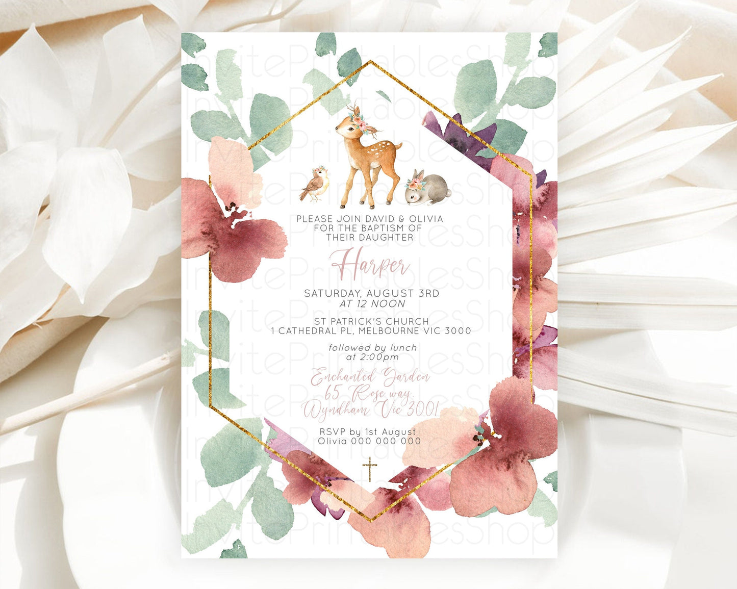 Fawn Baptism Invitation Deer Baptism 1st Birthday Invitation Enchanted Forest Christening Invitation Pastel Garden Butterfly Floral D10913