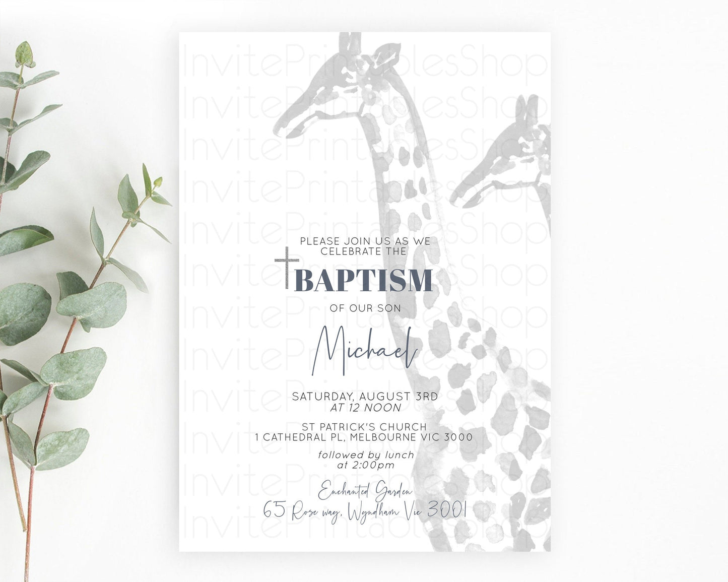 Giraffe Baptism Invitation Giraffe Baptism 1st Birthday Invitation Watercolor Wild Safari Giraffe Zoo Animal Christening Invitation D10306