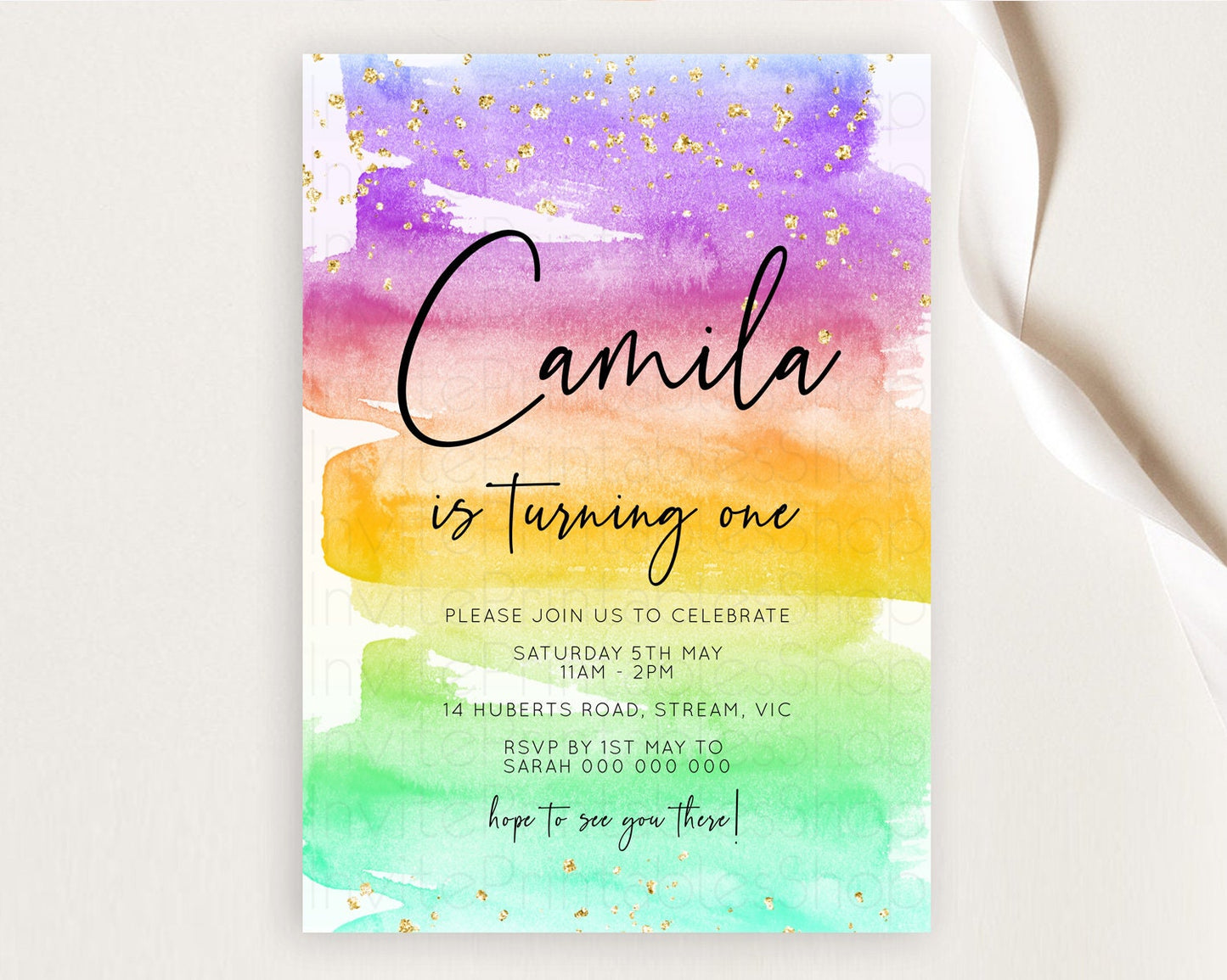 Rainbow Birthday Invitation Colorful Pastel Watercolor Invitation Gold Glitter Sprinkles Ombre Pastel 1st 2nd 3rd Birthday D10524
