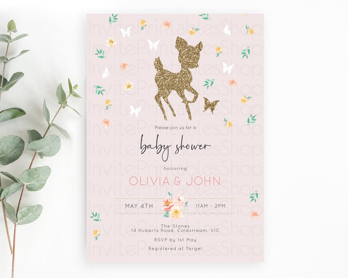 Fawn Baby Shower Invitation, Enchanted Forest Theme Glitter Deer, Butterflies, Pastel Flowers - Whimsical Floral Pink, Orange, Green D10386