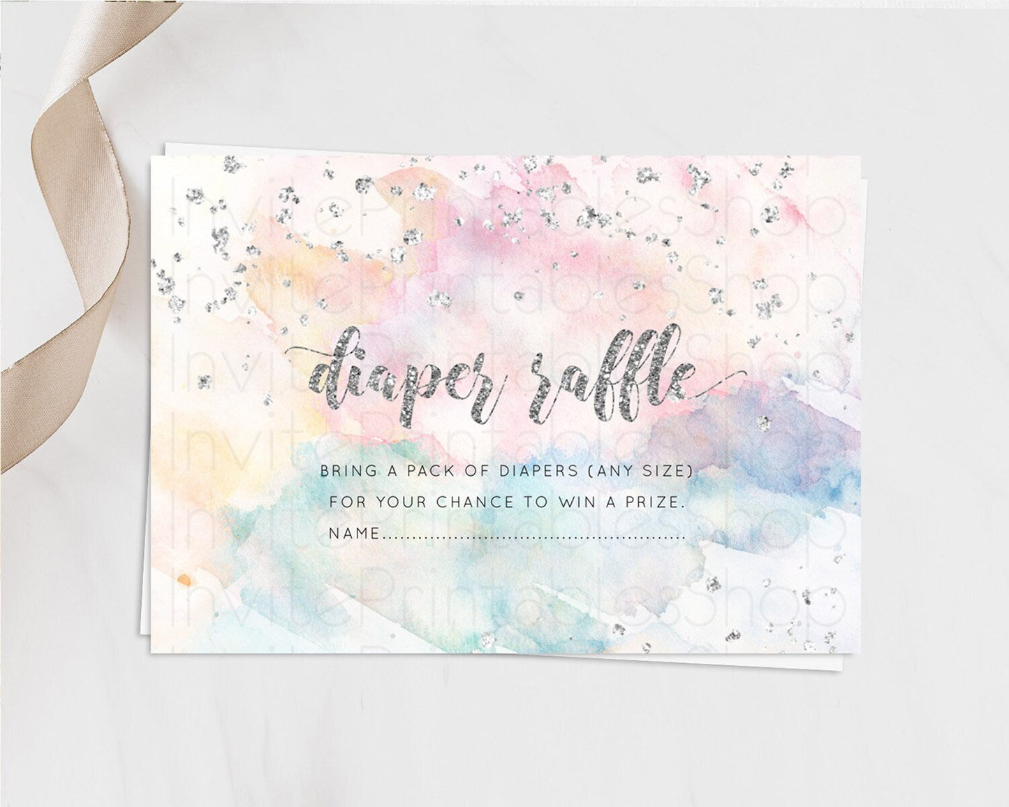 Pastel Rainbow Diaper Raffle Card Pastel Diaper Raffle Insert Pastel Colorful Diaper Ticket Confetti Watercolor Silver Raffle Game D10944