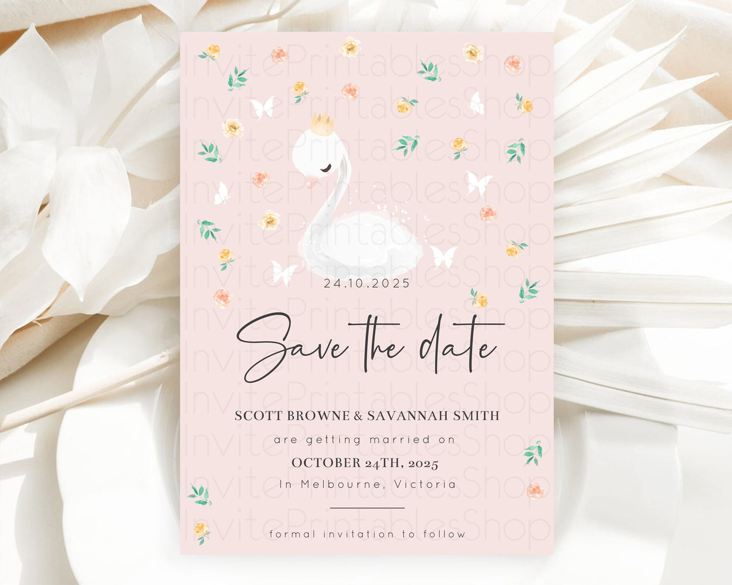 Swan Save The Date Template Swan Princess Ballet Party Enchanted Swan Lake Secret Garden Pastel Floral Birthday Baptism Baby Shower  D10388