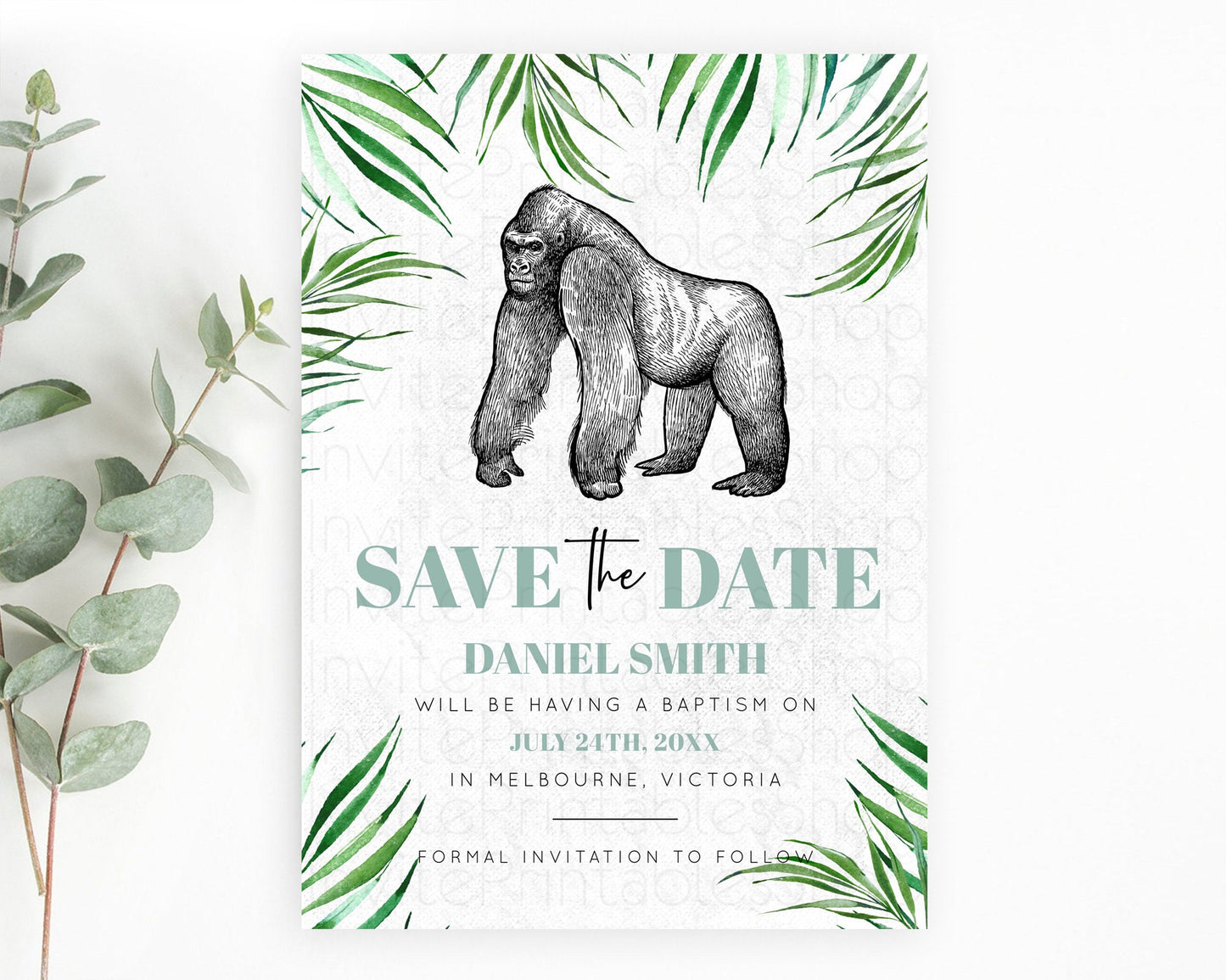 Gorilla Save The Date Template Gorilla Party Save The Date Safari Adventure Gorilla Minimal Theme 1st Birthday Baptism Baby Shower D10846