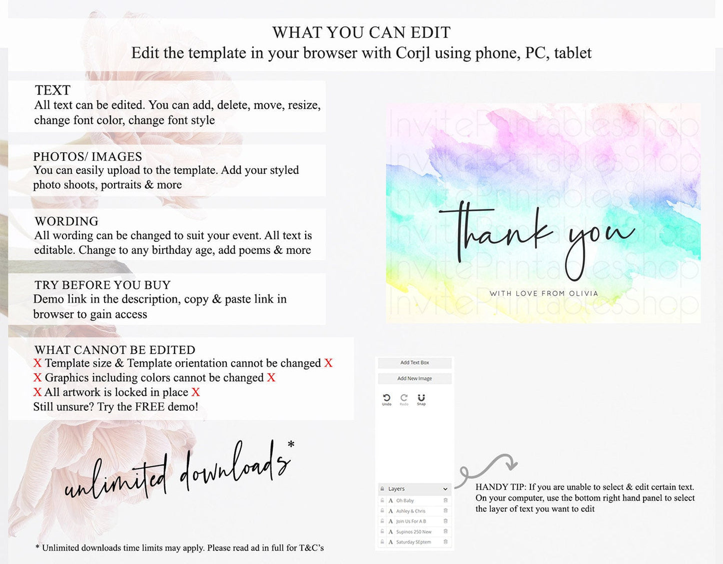 Pastel Thank You Rainbow Thank You Card Colorful Pastel Birthday Thank You Card Confetti Watercolor Pastel Teacher Thank You Cards D10231