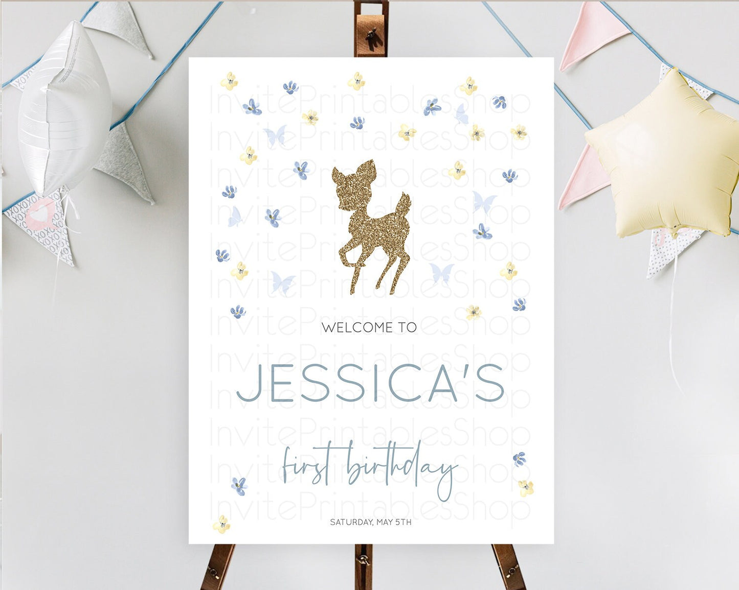 Fawn Welcome Sign Deer Welcome Board Floral Deer Welcome Poster Enchanted Forest Butterfly Pastel Floral First Birthday Welcome Sign D10864