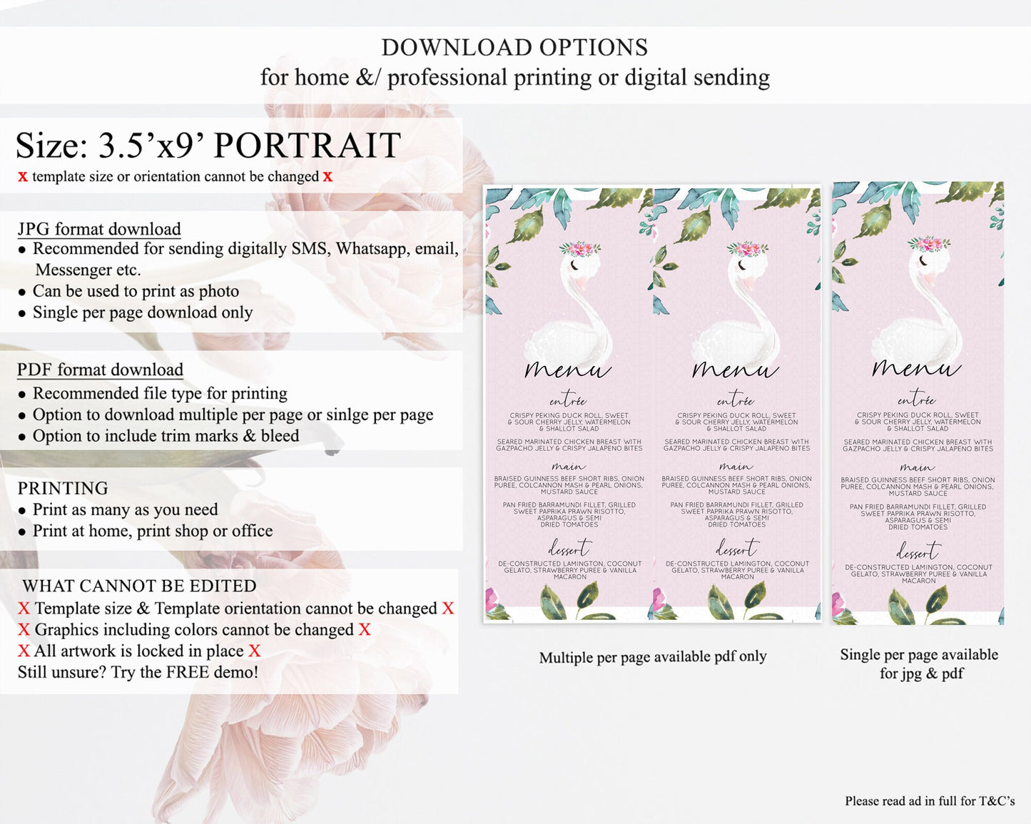 Swan Menu Swan Princess Ballet Menu Template Enchanted Swan Lake Table Decor Secret Garden Pastel Floral Dinner Dessert Food Menu  D10757