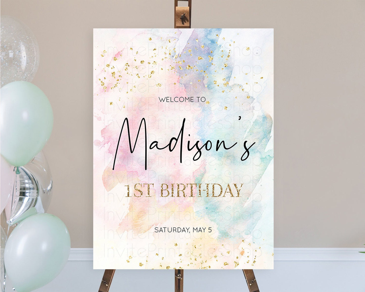 Pastel Welcome Sign Pastel Rainbow Welcome Sign Colorful Rainbow Confetti Watercolor Glitter Pastel First Birthday Welcome Sign D10263