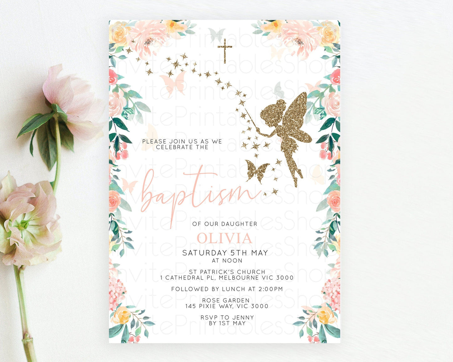 Fairy Baptism Invitation Fairy Baptism 1st Birthday Invitation Enchanted Secret Garden Christening Invite Pastel Floral Butterfly D10789