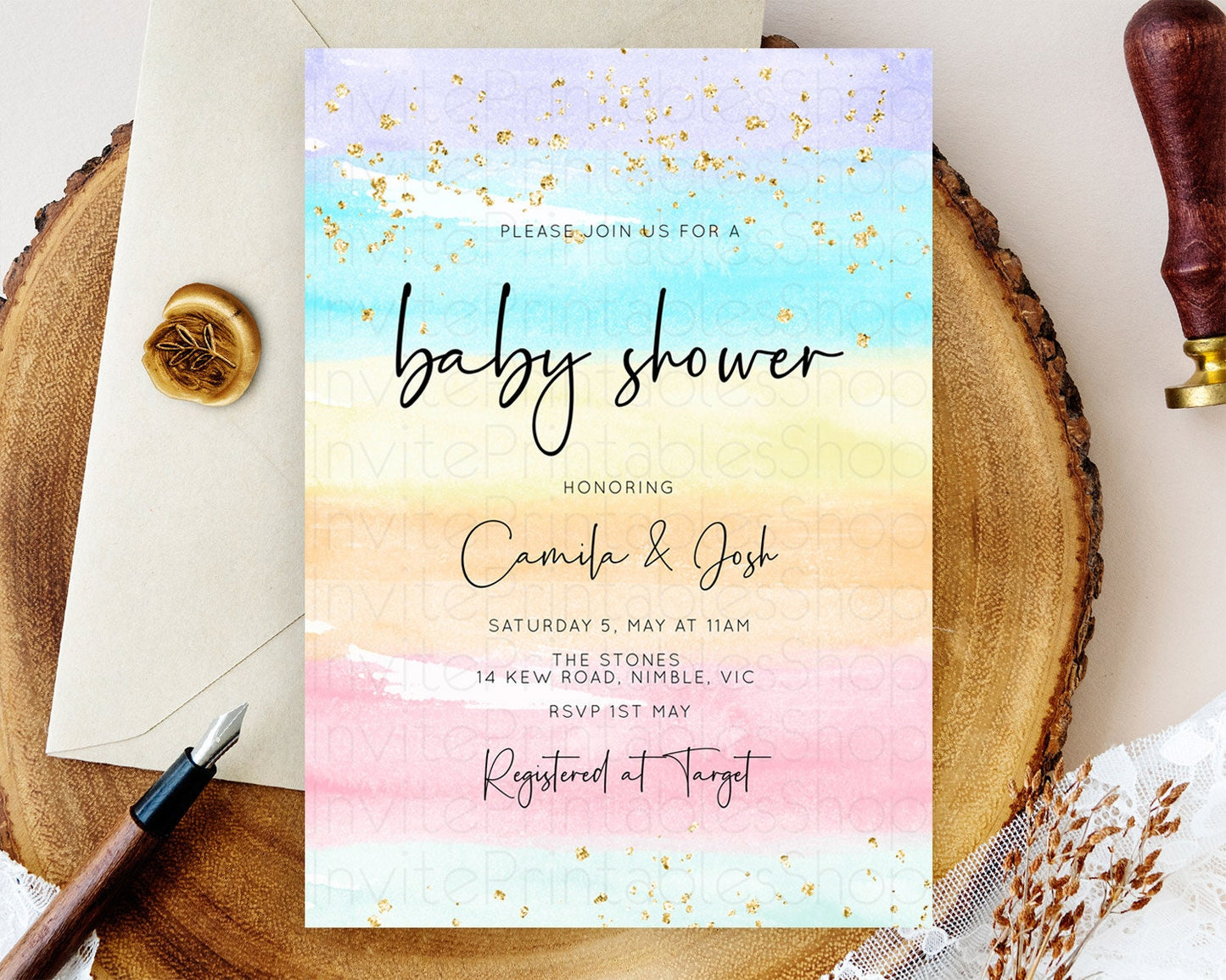 Pastel Baby Shower Invitation Rainbow Baby Shower Invitation Colorful Pastel Watercolor Invitation Gold Glitter Sprinkles Ombre D10505
